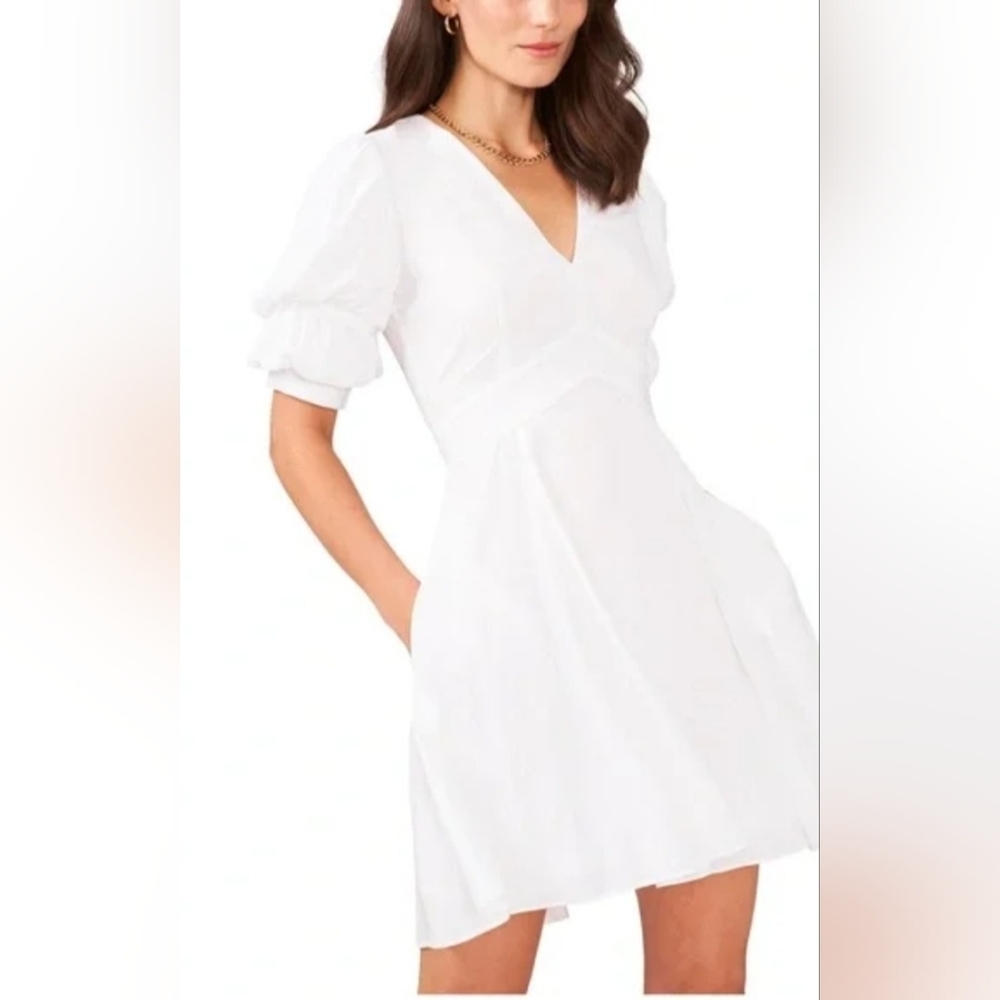 NWT Nordstrom 1. State White Puff Sleeve Smocked V Neck Dress Size Large